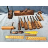 A box of old woodworking tools - planes, chisels, rulers, marking gauges, etc. (A lot)