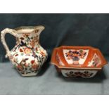 A Masons style hexagonal porcelain jug with traditional floral decoration in brick-red, gilt,