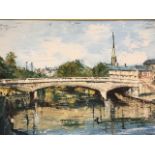 William Punshon, oil on board, Morpeth bridge over river, signed and dated, titled to verso, gilt