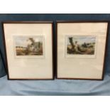 C20th coloured etchings, a pair, L Dupond?, figures in bucolic landscapes, signed in pencil on