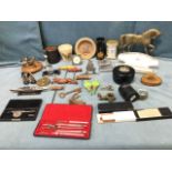 Miscellaneous collectors items including a brass flatback horse, cased instruments, a brass carriage