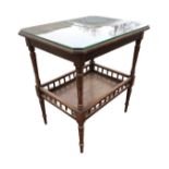 A late Victorian oak centre table, the canted moulded top with plate glass on ring-turned legs