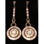 A cased pair of hallmarked deco style opal & marcasite drop earrings, the circular target style