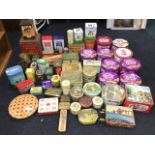 A large collection of tin boxes - biscuit tins, caddies, moneyboxes, cake tins, tobacco, toffee,