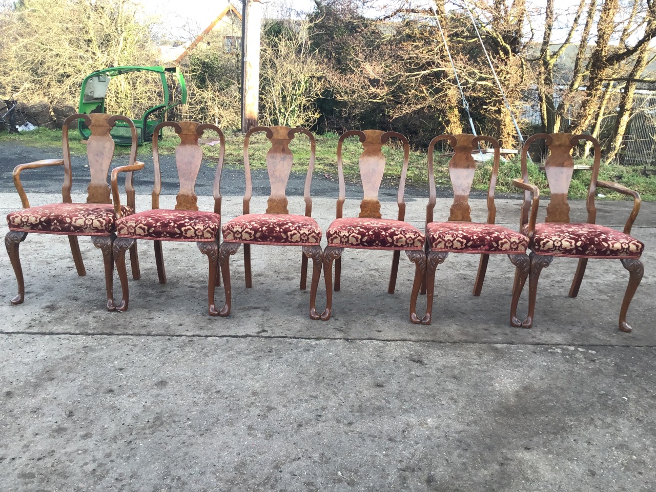 A set of six Queen Anne style walnut dining chairs with vase shaped splats above brocade upholstered - Image 2 of 3
