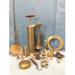 Miscellaneous brass including a porthole frame, two Salters balances, weights, a Swedish pump