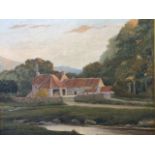 WJ Popham, oil on board, farm with yard and river in foreground, signed & dated 1944, artist details