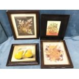 An oak framed watercolour of a vase with applied dried flowers; two dried flower pictures in