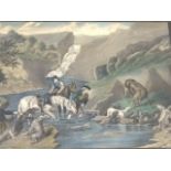 A nineteenth century coloured print, Scottish river landscape with highland deer hunters & dogs,