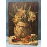 WD Guthrie, nineteenth century oil on board, daffodils in cane bound vase, signed, unframed. (9.25in