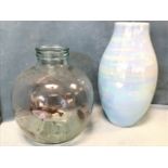 A globular glass terrarium carboy type jar with tubular neck - 14.5in; and a lustre glazed