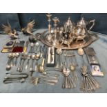 A quantity of silver plate including a four-piece teaset, an oval gadrooned tray, a pair of