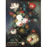 L Martin, oil on canvas, Dutch style still life with ebullient vase of flowers & grapes on marble
