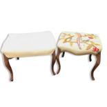 A graduated pair of rectangular mahogany Victorian stools, one with woolwork embroidery of a