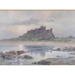 Frank Wood, watercolour, Bamburgh Castle and beach from Stag Rock, signed & dated 1945, Mawson