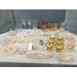 Miscellaneous glass including a boat-shaped moulded bowl, jugs, comports, vases, a six-piece amber