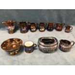A collection of Victorian copper lustre - graduated jugs, a bowl, a tankard, etc., some with applied