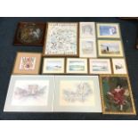 Miscellaneous framed prints including Paris, a Northumberland map illustrated with nature,