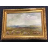 Nancie Foster, oil on board, landscape with sheep in foreground, signed, titled to verso Autumn