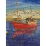 Contemporary pastel, colourful study of a fishing boat in harbour, signed indistinctly, mounted &