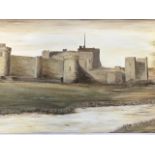 AW Robson, oil on board, 70s landscape view of Alnwick Castle from the river, signed, labelled to