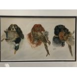 H Raoul Millais, watercolour, study of three dogs with game, signed with monogram, titled to verso