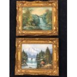 R Danford, oil on canvas, landscape with sunset, waterfall and two deer, signed, in gilded foliate