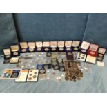 A collection of coins, cased Tower Mint medallions, crowns, loose coins, decimal sets, pennies,