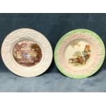 Two Maling rack plates with deep embossed borders - Venetian scene and coach outside inn. (11.
