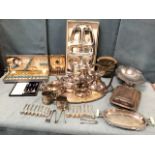 An oval five-piece silver plated teaset on an associated scalloped tray; and various other silver