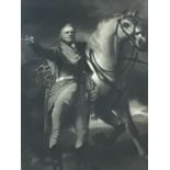 Henry Raeburn, a mezzotint etching of Sir David Baird, the general standing bedside his horse, the