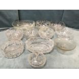 Eleven moulded and cut glass bowls - square, fluted, oval, one with knobbed cover, comport type,