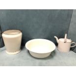 Three pieces of Edwardian white enamelled tinware - a circular basin, a watering can with hinged