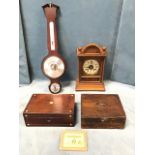 A Victorian mahogany box inlaid with mother-of-pearl medallions; a walnut cased European alarm clock