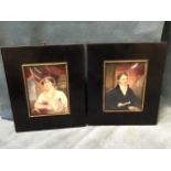 A pair of nineteenth century miniatures, oils, the seated waist portraits of the couple in