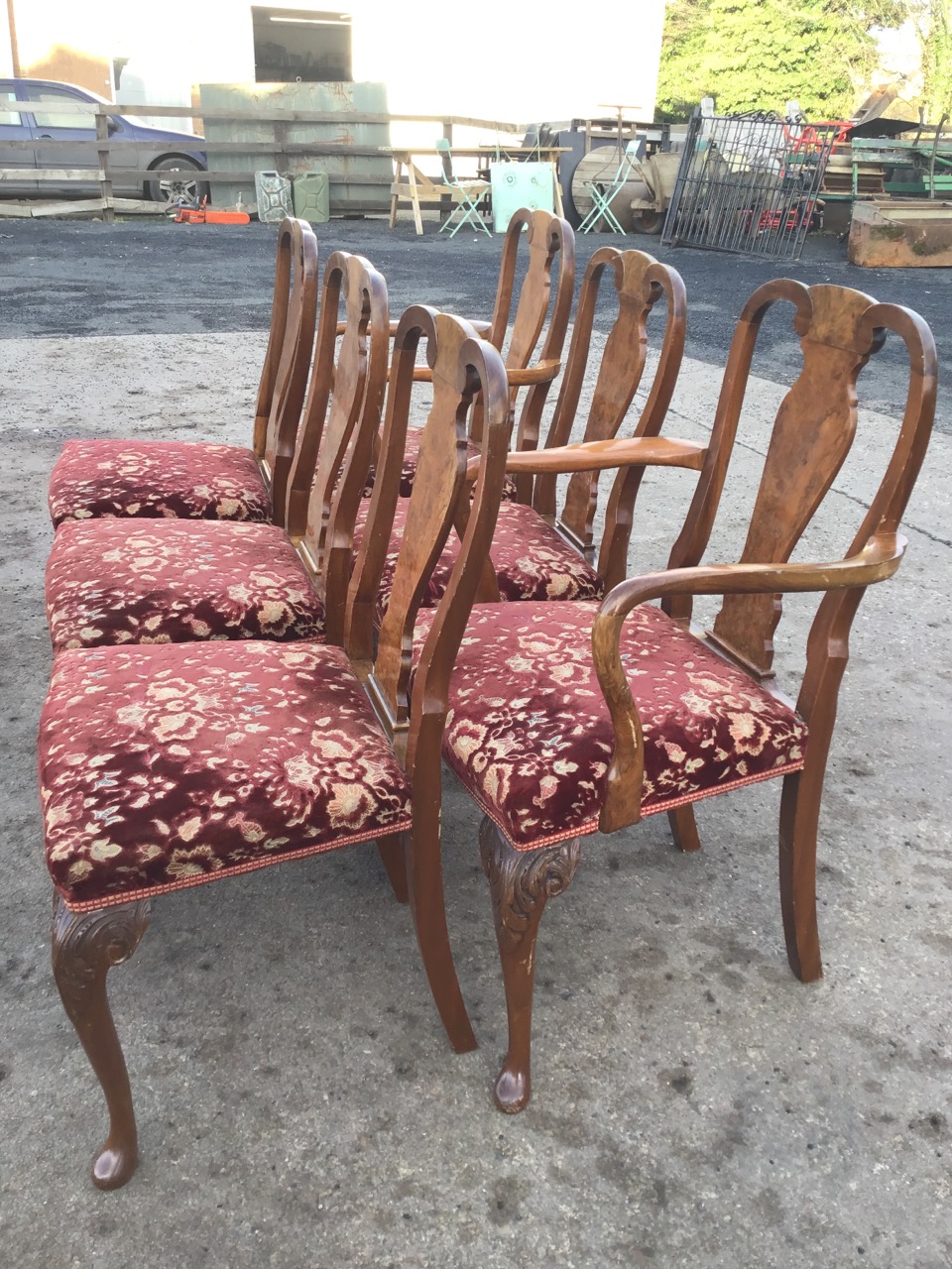 A set of six Queen Anne style walnut dining chairs with vase shaped splats above brocade upholstered - Image 3 of 3