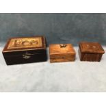 A rectangular olivewood box inlaid with a swallow titled Menton; another similar box modelled as
