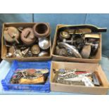 Four boxes of automobilia including fuel cans, lights, hubcaps, wing mirrors, funnels, car badges,