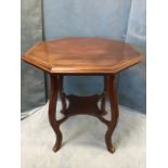 An octagonal Edwardian walnut window table, the moulded top on sabre legs joined by waisted platform