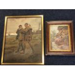 Ralph Headley, Victorian coloured print with two miners on landscape path outside mine, framed;