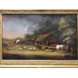 Nineteenth century English school, oil on canvas, country scene with figures and animals outside