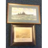 Montague Dawson, oileograph, battleship underway at sea, signed in print, mounted & framed; and an