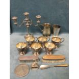 Miscellaneous silver and silver plate including a set of six hand-chased cups, two hallmarked