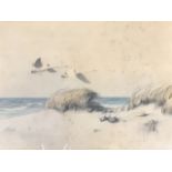 KE Olszewski, watercolour, coastal scene with swans, signed in pencil, label to verso - Singing