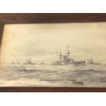 Frank Wood, monochrome print of battleships at sea, signed in print and dated 1907, oak framed. (