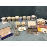 A collection of royal commemoratives tankards, a Maling teapot, glass, three New Zealand/