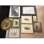 Miscellaneous framed pictures - fashion engravings, a pair of French cooking prints, a colourful