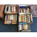 Five boxes of books - reference, fiction, maps, encyclopaedias, travel, woodworking, countryside,