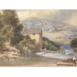 J Williams, river landscape with mill and figures by river, signed and dated 1902, labelled to verso