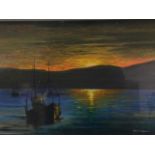 John F Martin, oil on board, sunset with fishing boats on the way in, signed, titled & signed to